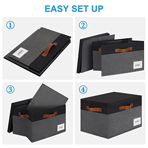 Large Storage Bins with Lids, Foldable Fabric Storage Baskets with Lids, Sturdy Storage Boxes with Labels and 3 PU Handles for Closet Home Bedroom Office (26L, 3 Packs, Grey&Black) - color: Grey with Black, size: Large-3pcs