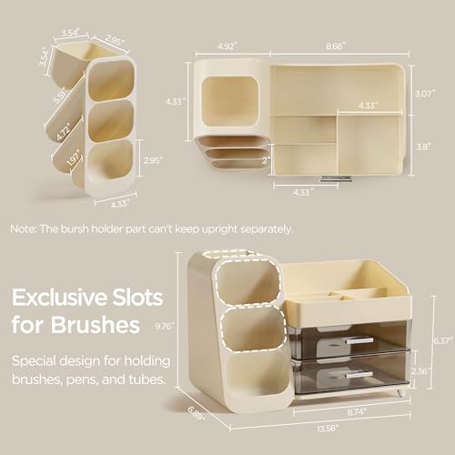 HBlife Makeup Organizer with Brush Holder for Vanity, Large Plastic Bathroom Countertop Organizer Skin Care Storage, Easy to Store Lipsticks, Nail Polishes, Perfumes, Eyeshadow Palettes, Beige - color: Beige, size: Large