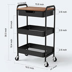 3 Tier Rolling Cart with Drawer, Metal Utility Cart on Wheels Storage Cart with Wood Top, Kitchen Cart Art Cart Organizer for Bathroom Office Balcony Living Room - color: Black