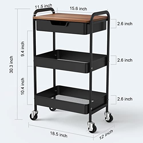 3 Tier Rolling Cart with Drawer, Metal Utility Cart on Wheels Storage Cart with Wood Top, Kitchen Cart Art Cart Organizer for Bathroom Office Balcony Living Room - color: Black