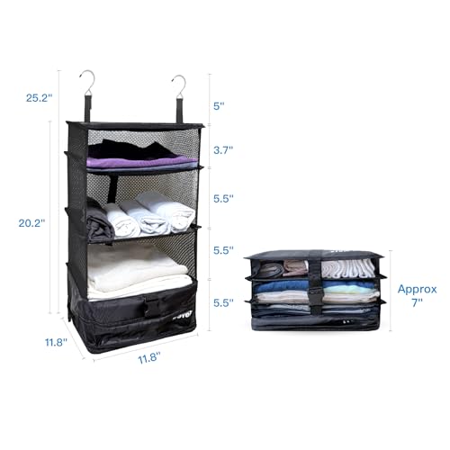 Grand Fusion Stow-N-Go Packing Organizer for Luggage, Portable Hanging Travel Shelves, Carry-On Closet, Hanging Packing Cubes, Collapsible Carry-On Organizer for Cruises & Hotels. Black - L - color: Black, size: L = (L) 11.8" x (W) 11.8"
