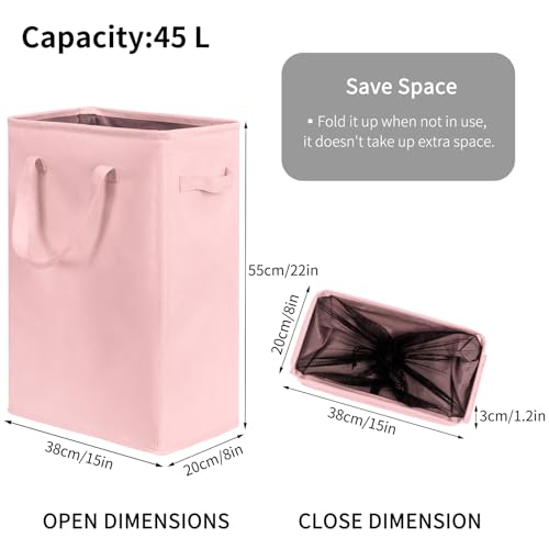 Chrislley 45L Slim Laundry Hamper Narrow Laundry Basket with Handle Foldable Dirty Clothes Portable Skinny Hamper Organizer Storage Bins (22 inches, pink) - color: pink, size: 45l(14.96"l x 8"w x 21.65"h)