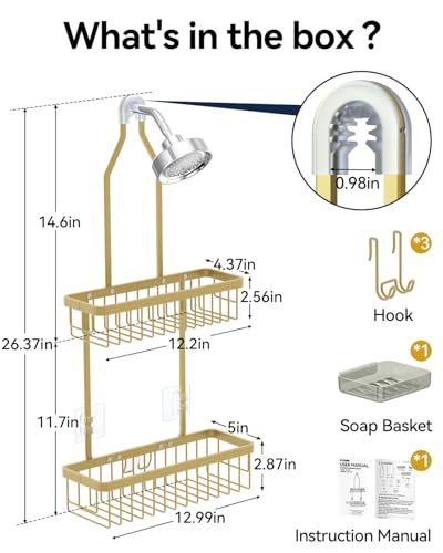 YASONIC Shower Caddy Hanging, Never Rust Shower Organizer Hanging, Aluminum Shower Racks for Inside Shower with Hooks for Razor, Bathroom Organizers and Storage with Soap Holder, Gold - color: Gold