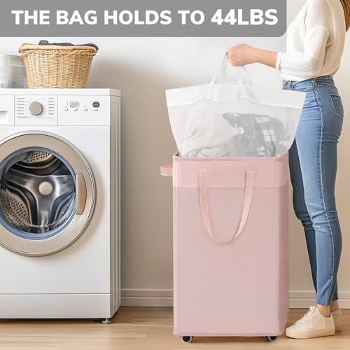 Goodpick Pink Laundry Basket with Wheels & Handles, Laundry Hamper with Removable Wash Bag, Dorm Room Essentials for Girls College Dorm - color: Pink 1-Pack