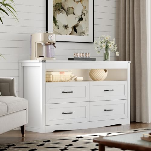 Dresser for Bedroom with 4 Drawers, Farmhouse Chest of Drawers with Natural Texture and LED Lights, Wide Wood Rustic Closet Storage Organizer, Modern Dresser TV Stand for Living Room, Entryway, White - color: White, size: 13.8"D x 47.2"W x 29.5"H (4 Drawe