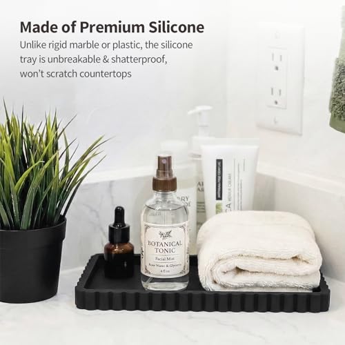 Silicone Bathroom Vanity Tray, Sink Caddy for Dish Soap Dispenser, Sponge Holder for Kitchen Sink, Rectangle Bathroom Countertop Organizer for Perfume, Jewelry, Candle (9.9” * 6”, Black) - color: Black, size: 9.9" x 6" x 0.7"
