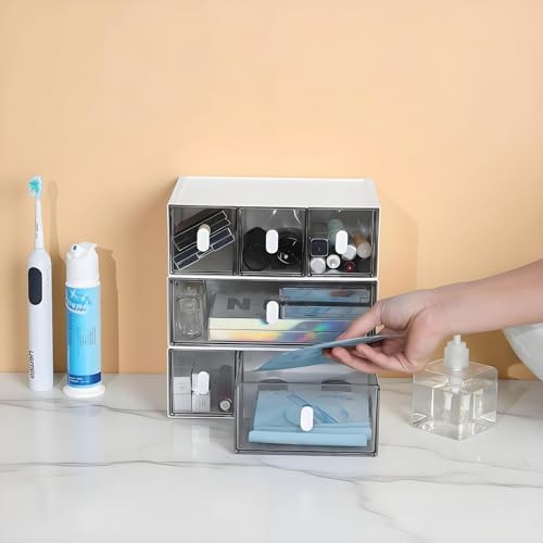 Desktop Storage Drawers, Plastic Desk Organizer with 3 Drawers, Modular Stackable Toolbox Units for Office Stationary, Makeup Container, Bathroom Countertop (1 Tall Layer, White & Clear) - color: 1 Tall Layer & 3 Drawers, White & Clear
