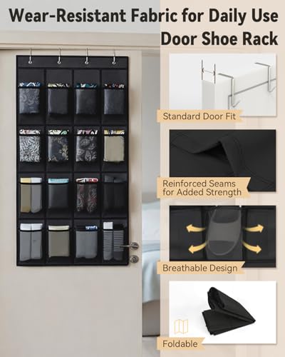 dodowin Over the Door Shoe Organizer Rack, 16 Large Breathable Mesh Pockets, Foldable Hanging Storage Holder for Closet Door, Space Saving Shoe & Accessory Organizer with 4 Metal Hooks, Black - color: Black, size: 16 Pockets