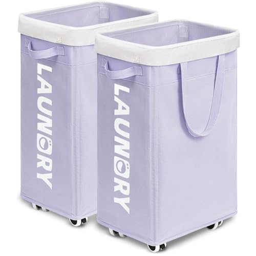 Goodpick Laundry Basket with Wheels 2-Pack, 75L Collapsible Laundry Baskets with Removable Wash Bag, Clothes Laundry Hamper on Wheels, Light Purple - color: Light Purple 2-Pack