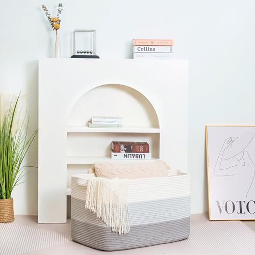 MINTWOOD Design 22in Extra Large Blanket Basket Holder Living Room, Rectangle Rope Woven Storage Basket with Handles for Laundry, Pool Towels, and Shoes, Dog Toy Organizer Bin Box, 3-Tone Light Gray - color: 3-Tone Light Gray