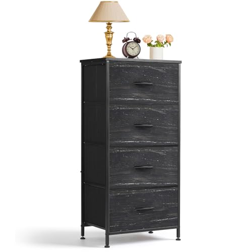 Nightstand, 4 Drawer Dresser End Table Bedside Furniture with Wooden Top Steel Frame Fabric Bins for Bedroom, Closet, Entryway, Dorm, Living Room, Charcoal Black - color: Charcoal Black, size: 11.8"D x 17.7"W x 37.4"H (4 Drawers)