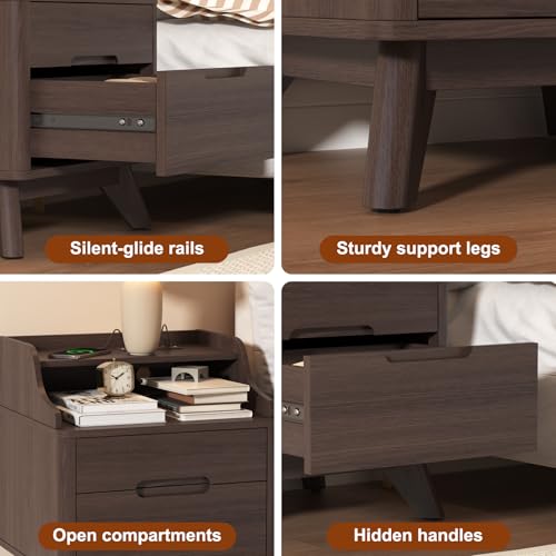 Night Stand with Charging Station, 21" Nightstand with Drawer/Open Shelves, Modern Nightstand w/2 Storage Drawers for Bedroom, Wood Bed Side Table End Table Bedside Table for Dorm, Home Office, Brown - color: Brown, size: 15.8"D x 17.7"W x 21.7"H (2 Drawe
