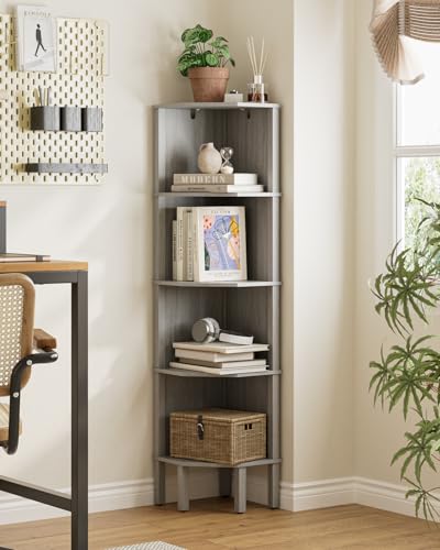 Corner Shelf, 5 Tier Corner Bookshelf, Display Corner Shelf Stand with Storage Rack, Wall Corner Bookshelf for Living Room, Bedroom, Office, Grey - color: Grey Without Light