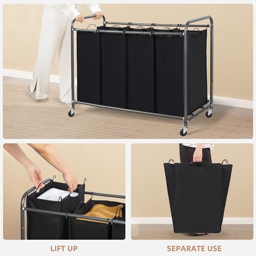 STORAGE MANIAC Laundry Sorter 4 Section, 47.8 Gal (181 L) Laundry Hamper with Wheels, Clothes Divider Basket Sorter, Clothes Separator Hamper Cart with Wheels and Removable Bags, Black - color: Black, size: 4 Section
