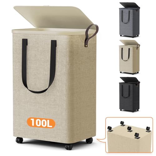 Laundry Basket with 5 Wheels, Tall Dirty Laundry Hamper, Rolling Laundry Basket with Lid, Large 100L Collapsible Clothes Hamper for Laundry Room Bedroom Bathroom Dorm, Khaki - color: khaki, size: 100L