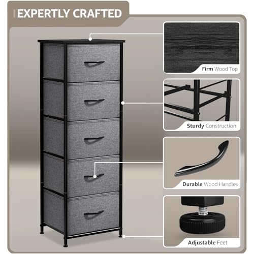 Sorbus Nightstand with 5 Drawers - Bedside Furniture & Night Stand End Table Dresser with Steel Frame, Wood Top, Easy Pull Fabric Bins for Home, Bedroom Accessories, Office & Dorm - color: Black, style: 5 Drawer