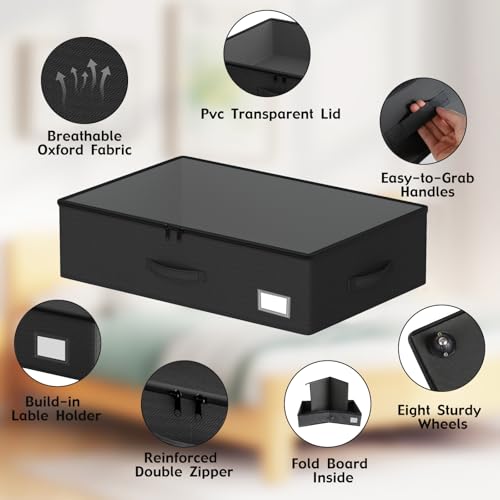 EE-RoomWorld Underbed Storage Bins with Wheels, No Assembly Required - 7.5 inch height Black Large Capacity Rolling Underbed Containers for Shoes, Dorm under bed storage drawers - color: Black, size: 7.5 inch height