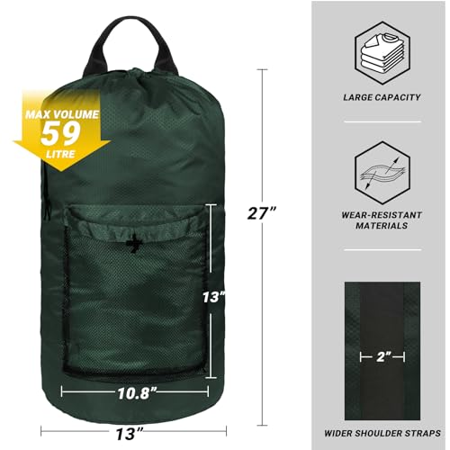 Laundry Bag with Shoulder Straps and Mesh Pocket Laundry Backpack Large Portable Laundry Hamper for College Laundromat Apartment (Green) - color: Green