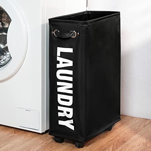 DOKEHOM 25-Inches Slim Laundry Basket on Wheels, Collapsible Rolling Laundry Hamper, Foldable Narrow Corner Clothes Storage Bins (Black) - color: Black/M, size: Slim Plus 25"
