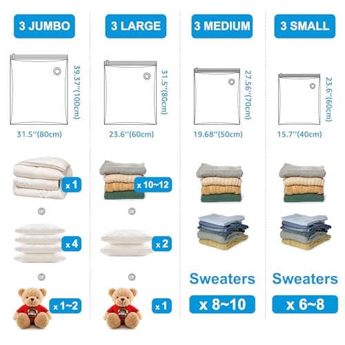 BoxLegend Vacuum Storage Bags with Large Hand Pump 12 Combo (3 Jumbo,3 Large, 3 Medium, 3 Small) Thickened Vacuum Seal Bags for Clothing Coat Bedding Quilt Blanket Pillow Comforters - size: 12 Combo