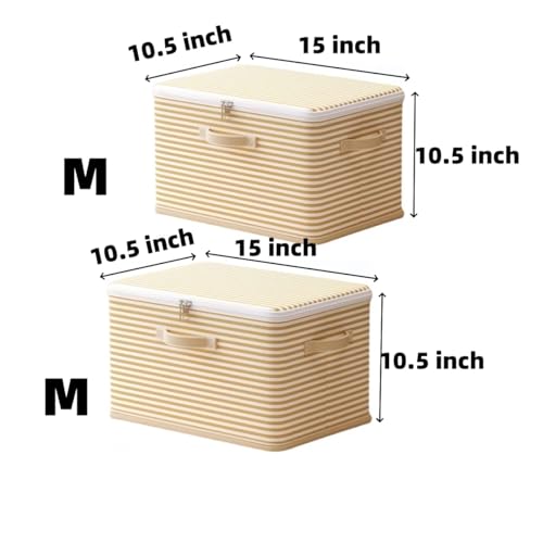 Foldable Storage Containers, Beige Striped Fabric Boxes with Lids, Stackable Closet Organizer Bins for Bedroom, Clothing Storage (Yellow, M) - color: Yellow, size: M