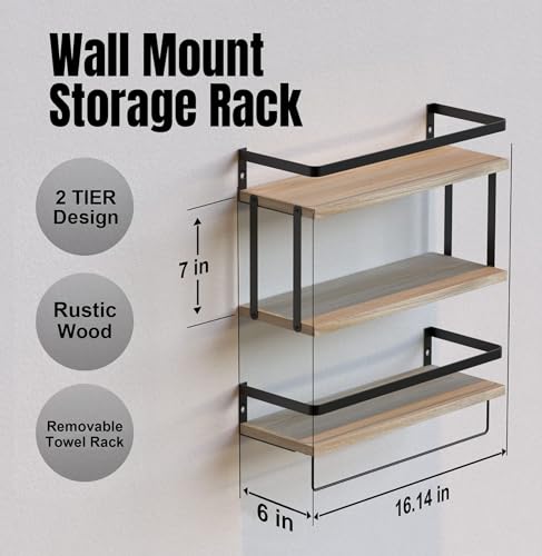 RICHER HOUSE 2+1 Tier Wall Mounted Floating Shelves Set of 2, Rustic Wood Wall Shelf with Metal Frame, Extra Storage Rack for Bathroom, Kitchen, Bedroom with Tissue Rack & Towel Bar - Rustic Wood - color: Rustic Wood, size: 2+1 Tier Size