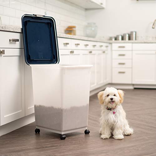 IRIS USA Dog Food Storage Container, Up to 54 Pounds, Attachable Wheels, For Dog Cat Bird and Other Pet Food Storage Bin, Keep Fresh, Easy Mobility - Made in USA, Navy/Pearl - color: Navy/Pearl, size: 54 lbs