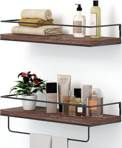 Shario Rustic Wood Floating Shelves - Set of 2, Wall Mounted Hanging Shelves with Black Towel Rack, Decorative Storage Shelves for Bathroom, Kitchen, Living Room & Bedroom (Dark Carbonized Brown) - color: Dark Brown