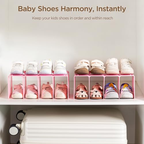 HBlife Pink Acrylic Kids Shoe Rack for Closet Organizers and Storage, Small Shoe Rack 4 Sections Toddler Baby Shoe Storage Organizer Stackable Shoe Shelf,Desk File Sorter Book Purse Organizer(2 Pack) - color: Pink, size: 2 Pack
