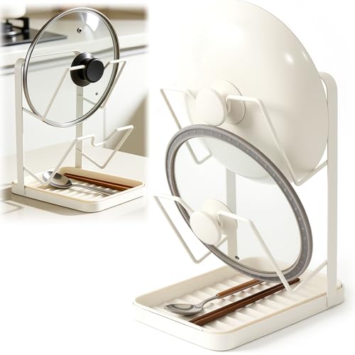 Kitchen Pot Lid Storage Rack, Double-Layer Pot Lid Organizer with Removable Drip Tray,Pot Lid Holder While Cooking,Space-Saving kitchen Countertop Organizer Storage for Pots Pans & Cutting Boards - color: White