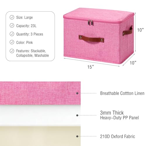 3PCS Storage Bins Boxes with Zippered Lids Cotton Linen Fabric Decorative Basket PU Leather Handles PP Plastic Board Foldable Lidded Clothing Shelf Closet Organizer Container (Pink, Large) - color: Pink, size: Large ( Pack of 3 )