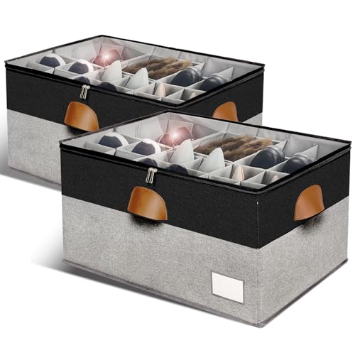 Shoe Organizer for Closet, Foldable Shoe Storage Bins with Clear Cover, Space Saving Shoes Holder with 4 Handles, Large Adjustable Shoe Box Storage Containers, Fits 12-24 Pairs, 2 Pack, Black - color: Black and Grey, size: (2 Pack) 25 ½"L x 17"W x 12 ½"H