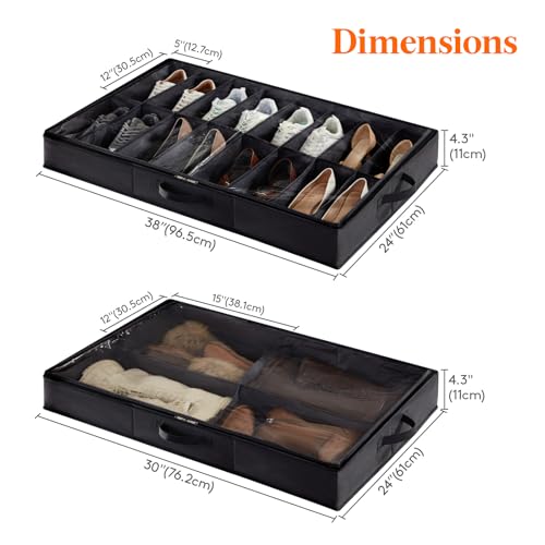 Lifewit Under Bed Shoe Storage Organizer 2 Pack(16 Shoes Cells+4 Boots Cells), 4.3 Inches Profile Fabric Shoes Container Box with Clear Cover, Foldable Storage Bag with 2 Handles, Fits 24 to 40 Pairs - style: 16 Shoes Cells+4 Boots Cells