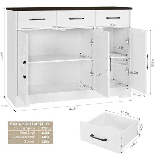 HOSTACK Modern Farmhouse Buffet Sideboard Cabinet, Barn Doors Storage Cabinet with Drawers and Shelves, Wood Coffee Bar with Storage for Dining Room, Kitchen, Living Room, White/Black - color: White/Black