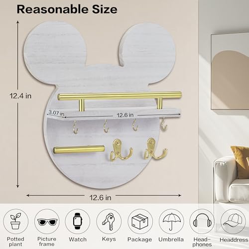 AIRPOP Key Holder for Wall–Mouse Wooden Mail Organizer Wall Mount with Shelf and 6 Hooks, Easy Installation Key Rack Hanger for Entryway Living Room Home Decor(White) - color: White
