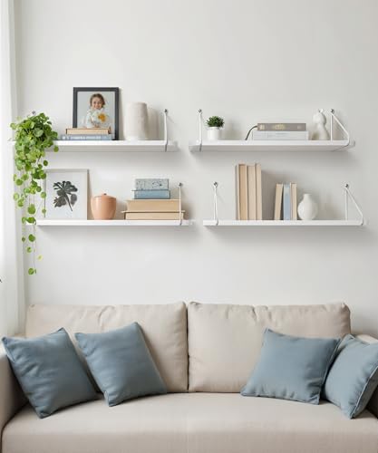 Afuly White Floating Shelves, 24 inch Long Shelves for Wall, Hanging Storage Shelf for Kitchen Bedroom Living Room, Wood Chic Wall Decor, Set of 2 - color: White, size: 5.9"D x 24"W