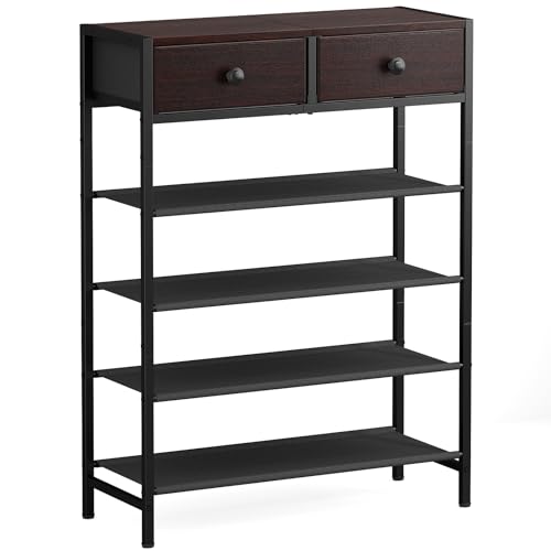 Shoe Rack, 5 Tier Shoe Organizer with 2 Drawers, Metal Shoe Storage for 16-20 Pairs of Shoes with Fabric Shelves and Wooden Top, Narrow Shoe Shelf for Closet Entryway Dark Brown - color: Dark Brown, size: 5 Tier(27.6 × 10.8 × 37.8)
