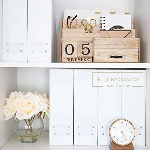 BLU MONACO Set of 6 Foldable White Magazine File Holders | Vertical Desk File Organizer Boxes With Leather Label Holders | Stylish Cardboard Magazine Storage for Shelves, Workspace and Home Office - color: Pure White