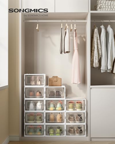 SONGMICS Stackable Shoe Boxes, Foldable Shoe Storage Organizers, Ventilated, for Max. Men's Shoes US Size 9 or Women's Shoes US Size 11, Sneakers, Set of 12, Transparent and White ULSP106W12V2 - color: Transparent + White, size: 12 Count