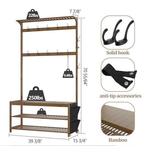 AMBIRD Hall Tree with bench and shoe storage, Entryway Bench with shoe storage, 6-in-1 Coat Rack with Cloth Bag and14 Coat Hooks, Sturdy Bamboo Frame, Large Size, Brown 39 * 15 * 70 Inches - style: Classic, 39'' L