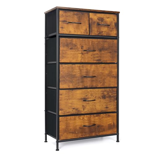 Mifuro Tall Dresser for Bedroom, Vertical Storage Organizer Tower with 6 Drawers, Chest of Drawers with Fabric Bins, Steel Frame, Wood Top for Bedroom, Closet, Entryway- Rustic Brown - color: Rustic Brown, size: 6 Drawers