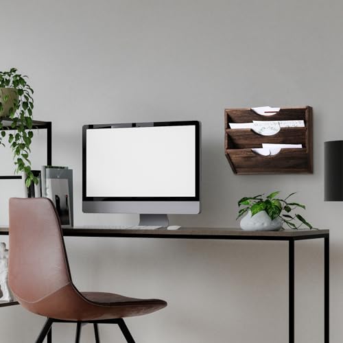 RattanView 3 Wall Wood File Organizer Hanging File Organizer for Office Rustic Paper Mail Organizer Mounted Storage Rack for Home Documents Magazine Literature Folders Brown