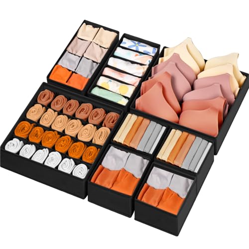 Drawer Organizer Clothes, 8 Pack Dresser Organizer Bins for Baby Clothes, Underwear Sock, Fabric Closet Organization and Storage Dividers for Nursery Bedroom (48 Compartments, Black) - color: Black, size: 8 Pack