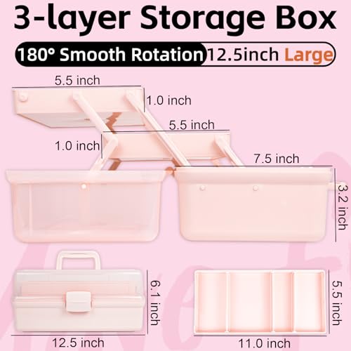 TERGOO 12.5in 3-Layer Multipurpose Craft Organizers and Storage with Adjustable Dividers, Portable Tackle Box, Folding Art & Craft Case for Medicine, Tool, Sewing Organizer (Pink) - color: Pink, size: Large