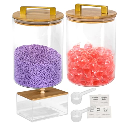Glass Jars For Laundry Room Organization and Storage, 2 Pack -0.9 Gallon Laundry Detergent Containers for Scent Beads, Powder,Pods With Lids, 5 Labels, 2 Scoops，1 Acrylic Dryer Sheet Holder Included