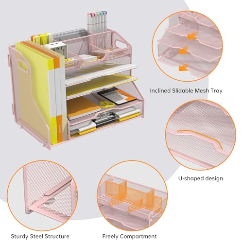 YINGHUA 5 Tier Paper Tray Letter Organizer with Top 6 Adjustable Compartments and File Holder - Paper Sorter Office Desktop Accessories with Handles for Document,Mail,School Supplies Storage,Pink - color: 5 Tier With File Holder-pink