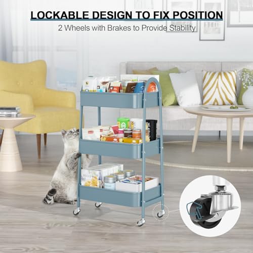 3 Tier Utility Rolling Cart, EAGMAK Metal Storage Cart with Handle and Lockable Wheels, Multifunctional Storage Organizer Trolley with Mesh Baskets for Kitchen, Living Room, Office, Garage (Blue) - color: Blue, size: Normal
