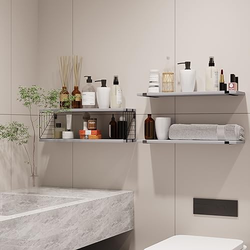 Fixwal 3+1 Tier Bathroom Floating Shelves Over Toilet, 15.8in Farmhouse Rustic Wood Shelves, Wall Decor for Bathroom, Living Room,Bedroom and Kitchen (Gray) - color: Grey