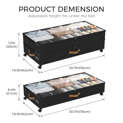 Under Bed Storage with Wheels 2-Pack, 75L XXL Under the Bed Storage Containers Large, 12" Tall Adjustable Storage for Underbed with Lids, Rolling for Shoes, Clothes, Blankets (Black) - color: Black