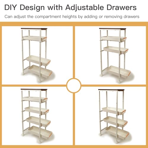 5 Tier Slim Rolling Storage Cart with Wood Top, Narrow Laundry Room Organizer for Tight Gaps, Metal Bathroom Gap Filler, Kitchen Pantry Trolley, Small Spaces (White) - color: White